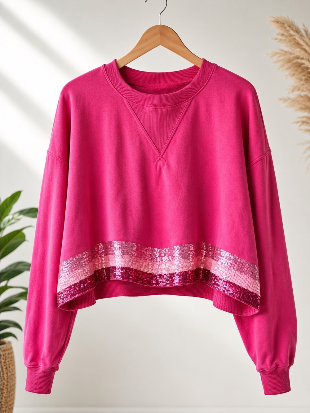 Peach Love California Bright Pink Ribbed Crew Sweatshirt